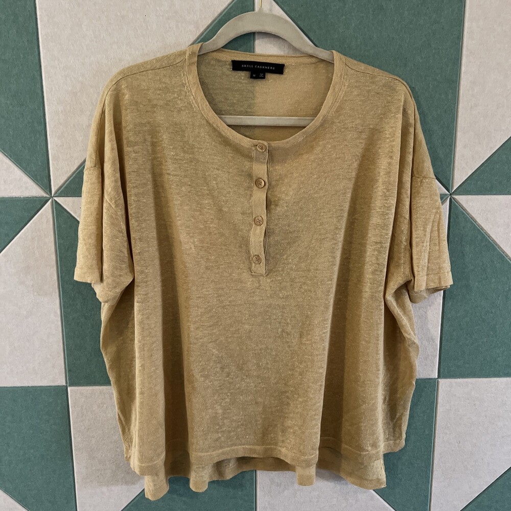 SKULL CASHMERE Short Sleeve Henley 100% Linen Sheer Open Knit Tan Medium
